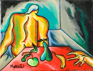 "La mano ladra", 1994 - acrilico su tela, 18x24 cm            